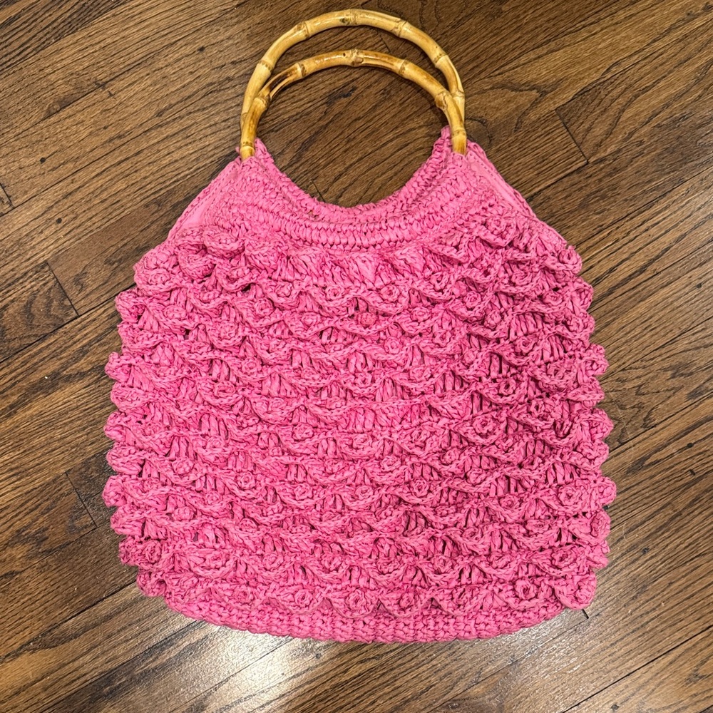 J. Crew Pink Crochet Tote Snap Bag with Bamboo Handles